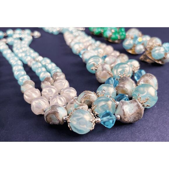 Vintage 50s Silver blue Demi-parure Necklace & Clip on Earring set - Picture 4 of 5